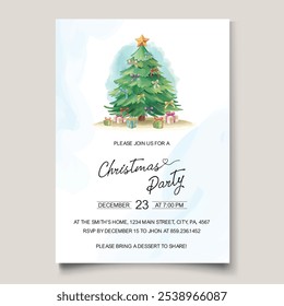 Festive Christmas party invitation template featuring a beautifully decorated Christmas tree with presents, perfect for inviting friends and family to your holiday celebration!