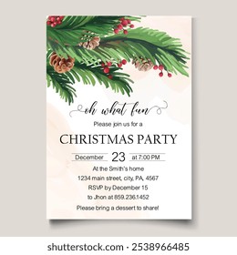 Festive Christmas party invitation template featuring beautifully decorated tree branches, ideal for spreading holiday cheer and inviting loved ones to celebrate!