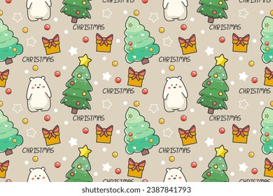 A festive Christmas pattern adorned with bears, gifts, and the word "Christmas" creates a seamless and joyful holiday atmosphere.