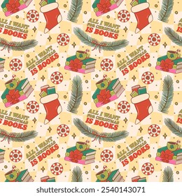 Festive Christmas Pattern with Books and Holiday Elements