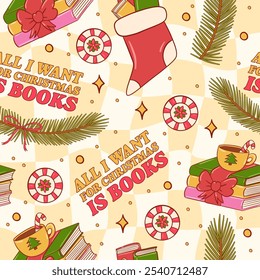 Festive Christmas Pattern with Books and Holiday Elements