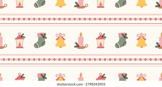 Festive Christmas Pattern with Candles Gifts Stockings and Decorations in Soft Pastel Colors