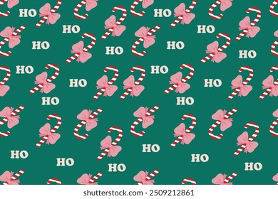 Padrão de Natal festivo com bengalas doces, arcos cor-de-rosa e ho ho ho texto em um fundo verde. Design de férias para papel de embrulho, papel de parede, têxtil, fundo de cartaz, etc. 
