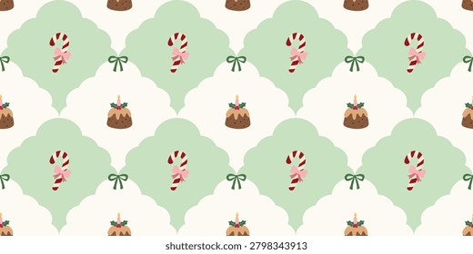 Festive Christmas Pattern with Candy Canes Reindeer and Holly Green Background