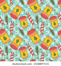 Festive Christmas Pattern With Coffee Cups and Candy Canes