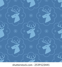 Festive Christmas pattern cozy holiday icons such as reindeer head ,snowflakes, stars, and joyful seasonal elements blue red, adding charm to holiday cards, wallpapers, and winter-themed products
