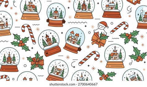 A festive Christmas pattern features charming snow globes with miniature winter scenes, accompanied by candy canes and holly sprigs, creating a joyful holiday atmosphere.