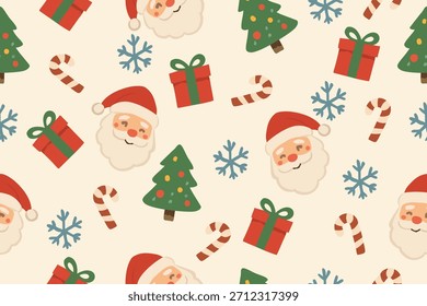 A festive Christmas pattern featuring cheerful Santa faces, decorated trees, gifts, candy canes, and snowflakes, creating a joyful holiday atmosphere.