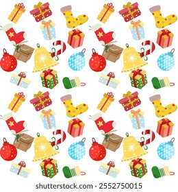 Festive Christmas pattern featuring colorful gifts, stockings, ornaments, candy canes, bells, and holiday boots on a bright white background. Vibrant and cheerful design