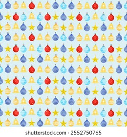 A festive Christmas pattern featuring colorful ornaments, bells, and stars in red, blue, and yellow tones on a light blue background, spreading holiday cheer