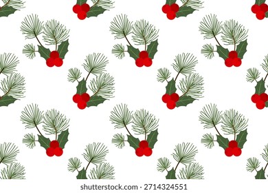 Festive Christmas pattern featuring fir branches and holly. Colorful ornament with green plants and red berries.