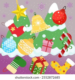 A festive Christmas pattern featuring green trees, colorful ornaments, bells, candy canes, stockings, gifts, snowflakes, and a snowy background, spreading holiday cheer