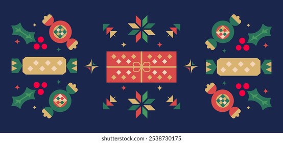Festive Christmas pattern featuring holiday symbols like wrapped candies, holly leaves, and gift boxes in traditional red, green, and gold on dark blue background