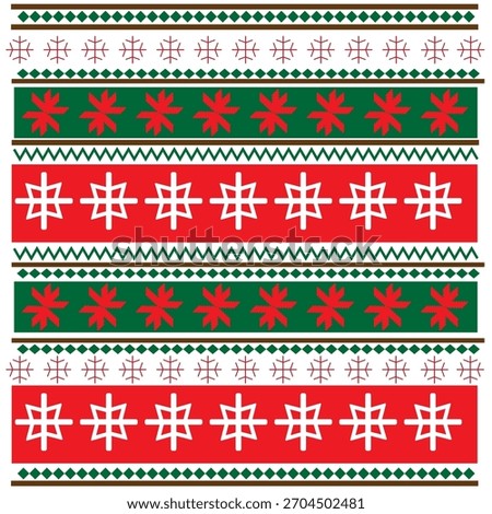 A festive Christmas pattern featuring red, green, and white rows of geometric snowflake shapes and decorative borders, creating a warm and classic holiday textile design with a cozy winter feel.