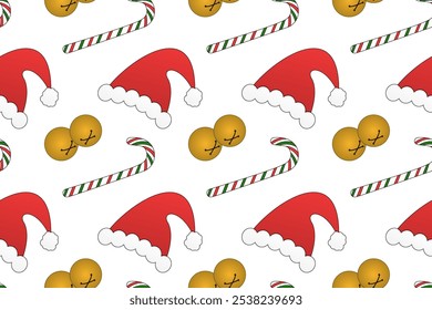 Festive Christmas pattern featuring Santa hats, candy canes, and jingle bells. Perfect for holiday decorations and seasonal crafts