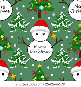 Festive Christmas pattern featuring a snowman with "Merry Christmas" text, decorated Christmas trees, and holiday ornaments on a green background. Ideal for holiday wrapping paper, cards, and festive 