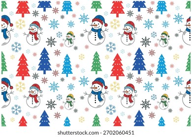 Festive christmas pattern featuring snowmen, trees, and snowflakes on
