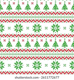 Festive Christmas Pattern Featuring Trees and Snowflakes in Red and Green