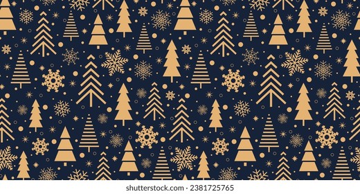 Festive Christmas pattern. Forest on a blue background, snow and spruce. Vector illustration.