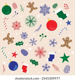 Festive Christmas pattern with gingerbread men, candy canes, snowflakes, holly, Christmas stockings, ornaments, and pine branches on a beige background, capturing holiday spirit.