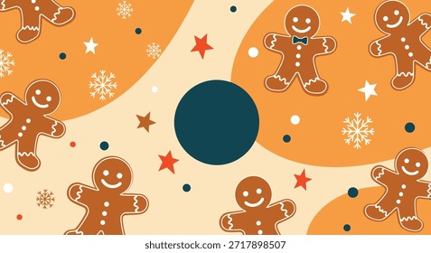 Patrón de Navidades festivas con copos de nieve de hombres de jengibre y estrellas sobre un fondo naranja cálido con un círculo central para texto.