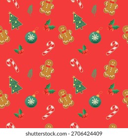 Festive Christmas pattern with gingerbread, trees, and ornaments design