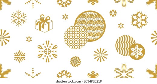 Patrón navideño festivo con círculos dorados, regalos y copos de nieve.