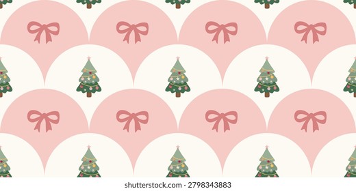 Festive Christmas Pattern with Green Trees Pink Bows and Soft Rounded Shapes for Holiday Decor