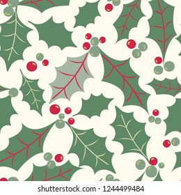 Festive Christmas pattern of holly leaves and berries on a light background. Seamless holiday vector pattern, great for party invitations, cards, textiles, gift wrapping paper and home decor.