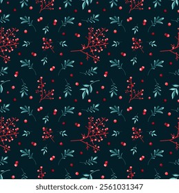 Festive Christmas pattern with holly leaves and berries.