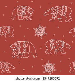Festive Christmas pattern with a linear polar bear and snowflakes. Outline vector stock illustration for printing on a red background.
