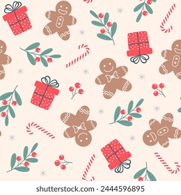 Festive christmas pattern on beige background. Seamless Christmas ornament vector illustration for decoration. Vector illustration.