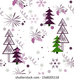 Festive Christmas pattern on a white background of Christmas trees, snowflakes. Vector illustration.