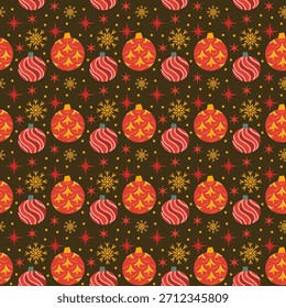 Patrón navideño festivo con adornos, chucherías y copos de nieve. Fondo de Navidades para envolver, diseño de tela. Decoraciones de Navidad sin patrón.