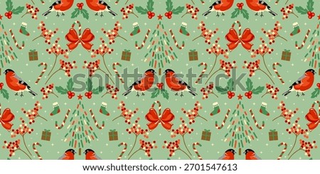 Festive Christmas pattern with red birds, holly berries, bows, tree, candy canes, and gifts on green background. Playful pattern textile, wallpapers and seasonal decor