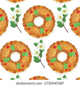 Festive Christmas pattern of Roscon de Reyes (King's cake). Spanish traditional Christmas pastry. Seamless background pattern. - Powered by Shutterstock - Get 15% off with code: PIKWIZARD15