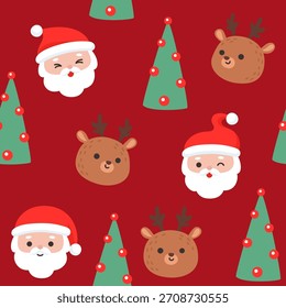 Festive Christmas pattern with Santa, reindeer, and trees on a red background Vector Illustration