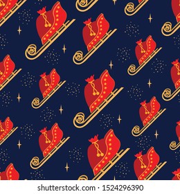 Festive Christmas pattern with Santa sleigh and sack full of presents on dark background with stars. Seamless vector pattern.
