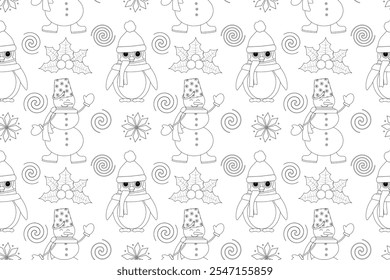 Festive Christmas pattern with snowmen, penguins, and holiday decorations. Perfect for coloring activities and winter designs.