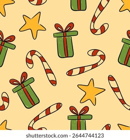 Festive Christmas pattern with stars, gifts, and candy canes. Vector illustration