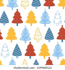 Festive Christmas pattern with stylized doodle Christmas trees. Cute childish seamless background. Vector illustration