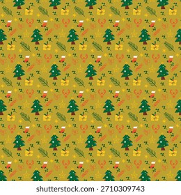 Padrão de Natal festivo com presentes de árvores e decorações de férias