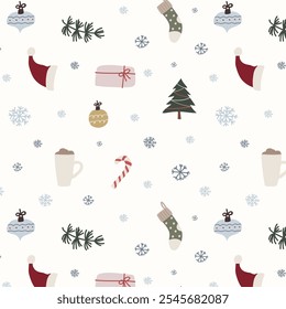 Padrão de Natal festivo com árvores de Natal, flocos de neve, chapéus de Papai Noel, e vários elementos temáticos de férias de inverno. Projeto padrão de Natal para projetos sazonais, papel de embrulho, artesanato de férias.