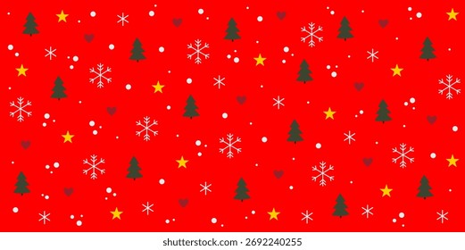 Patrón de Navidades festivas con árboles copos de nieve estrellas corazones y nieve sobre fondo rojo