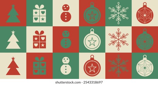 Padrão de Natal festivo com árvores, bonecos de neve, presentes, ornamentos e flocos de neve em tons vermelhos, verdes e cremes