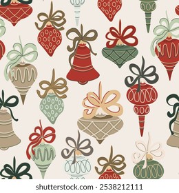 Um padrão de Natal festivo com vários brinquedos desenhados à mão. Perfeito para projetos de férias.