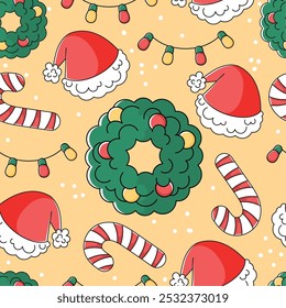 Festive Christmas pattern with wreaths, candy canes, Santa hats, Vector