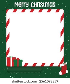 Festive Christmas photo frame with candy cane stripes, wrapped gifts, a holiday stocking, and snowy green background. Ideal for creating cheerful holiday greetings, social media posts, or cards.