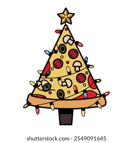 Festive Christmas Pizza Tree Illustration with Lights