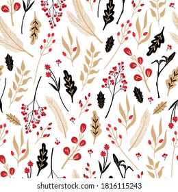 Festive Christmas plants holly berry, laurel leaves and spruce twigs seamless pattern, in Scandinavian style, rowan branch, xmas traditional modern ornate for New Year, decoration on white background